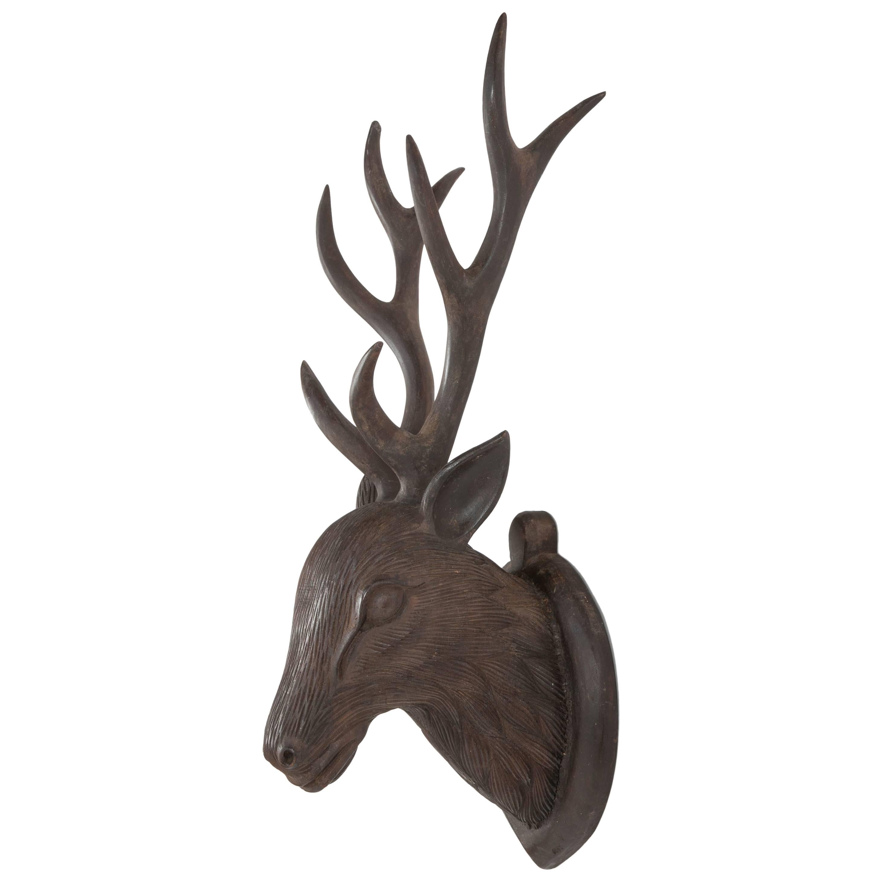 Black Forest Carved Wood Deer Head, Hand-Carved Antlers