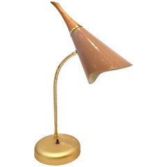 1950s Enamel Metal and Brass Cone Goose Neck Table Lamp