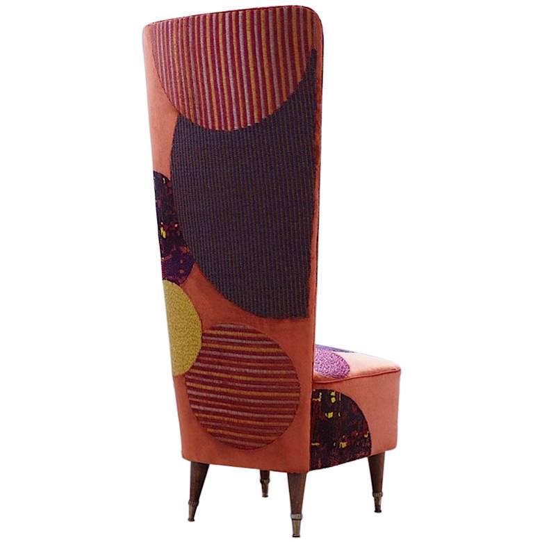 Hand Crafted Mid-century Chair, Hand Embroidered  Orange Velvet with “Circles”  For Sale