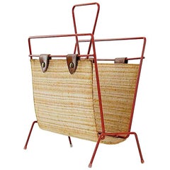 Vintage Straw, Leather and Painted Metal, Midcentury Magazine Rack