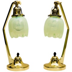Two Jugendstil Table Lamps with Beautiful Opaline Glass Shades