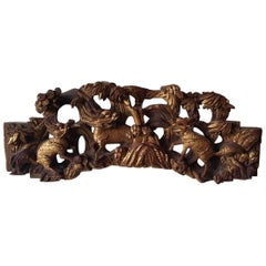 Antique Chinese Gilded Carved Wooden Relief Ornament with Shishi Lions