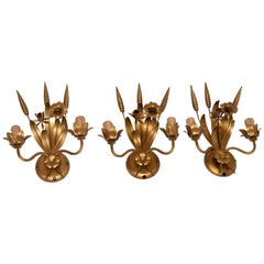 Hollywood Regency Midcentury Wheat Brass Sconces or Wall Lamps, Chanel style