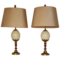 Vintage Ostrich Egg, Red Jasper Stone and Brass Table Lamps