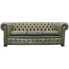 Chesterfield Leather Sofa Green Three-Seat Couch Vintage Retro