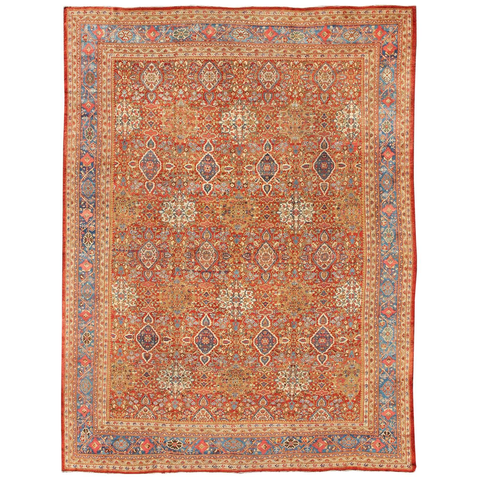 Late 19th Century Antique Sultanabad Persian Rug in Tomato Red and Light Blue For Sale