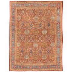 Late 19th Century Antique Sultanabad Persian Rug in Tomato Red and Light Blue