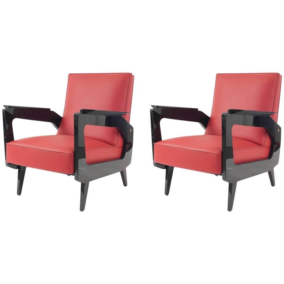 Pair of French Midcentury 1950s Black Lacquered Open Arm Chairs 'Scmit, Paris' For Sale