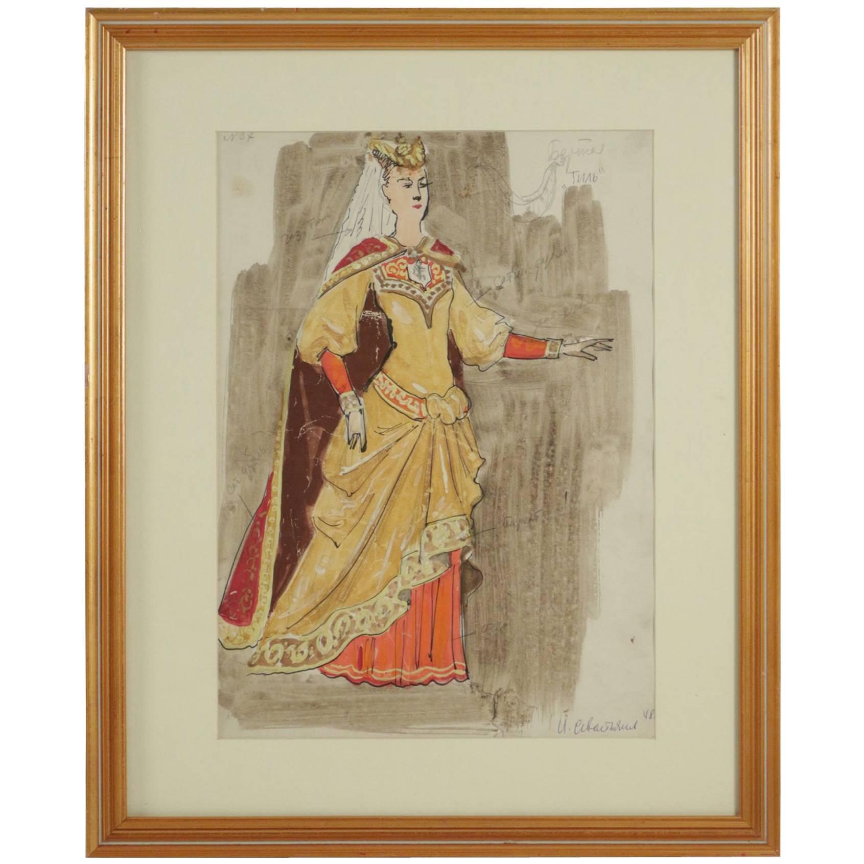 Watercolor Painting of a Russian Dancer from the Russian Theatre