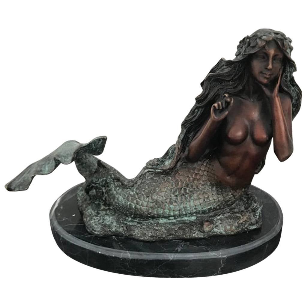 Mid-Century Modern Nude Bronze Mermaid with Green Patina