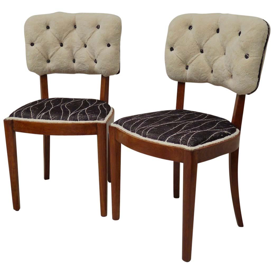 Pairs of Walnut and White Velvet Italian Midcentury Chairs