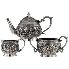 Antique Burmese Solid Silver Decorative Three-Piece Tea Set, circa 1900