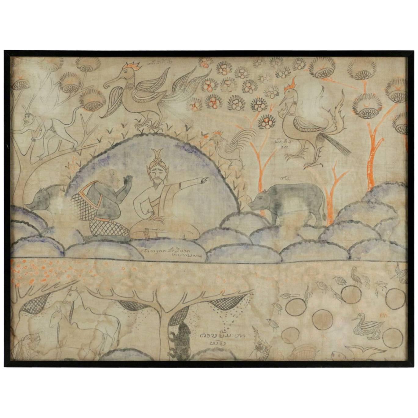 Painted Old Indonesian Fabric under Glass from the 19th Century For Sale