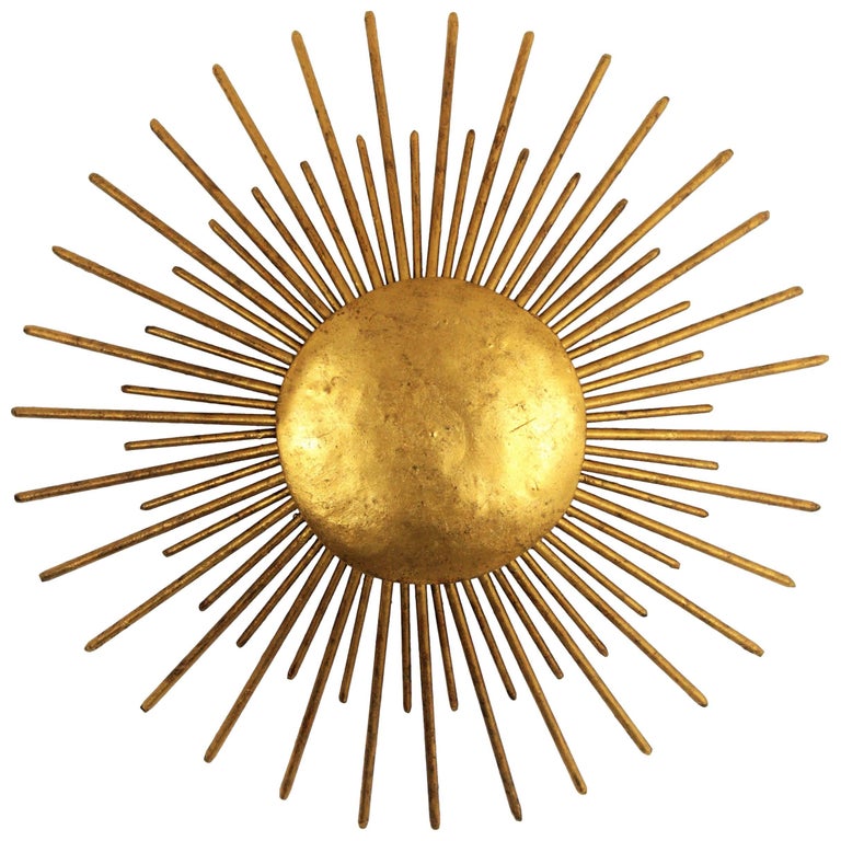 Art Deco Hand Hammered Iron Gold Leaf Gilt Sunburst Light Fixture Art Deco Hand Hammered Iron Gold Leaf Gilt Sunburst Light Fixture France 1940s