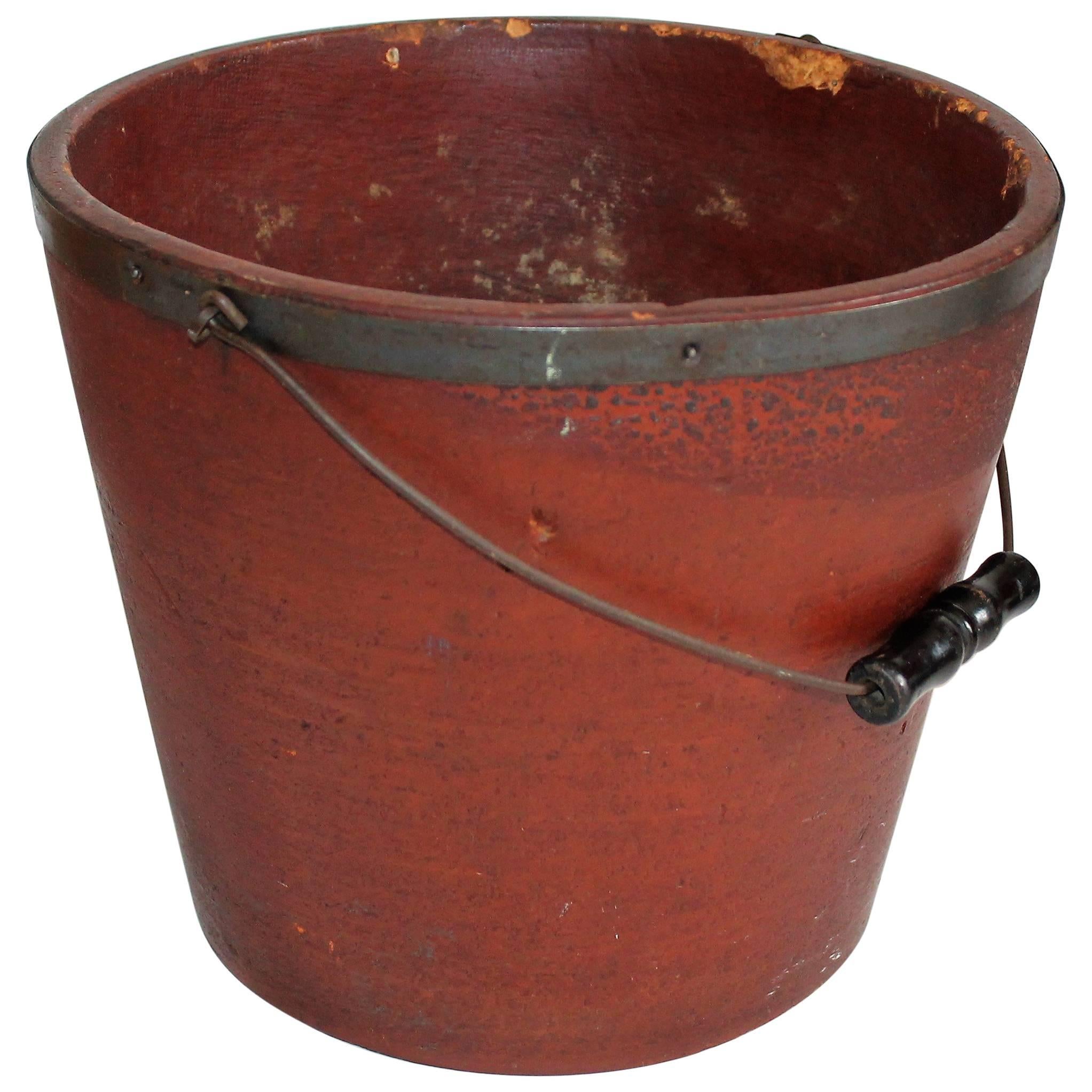 19th Century Original Red Painted Fibre, Wood Bucket