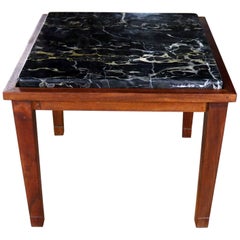Mid-Century Modern Walnut and Black Marble Square End or Side Table