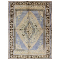 Light Purple and Cream Vintage Turkish Oushak Rug with Medallion Design