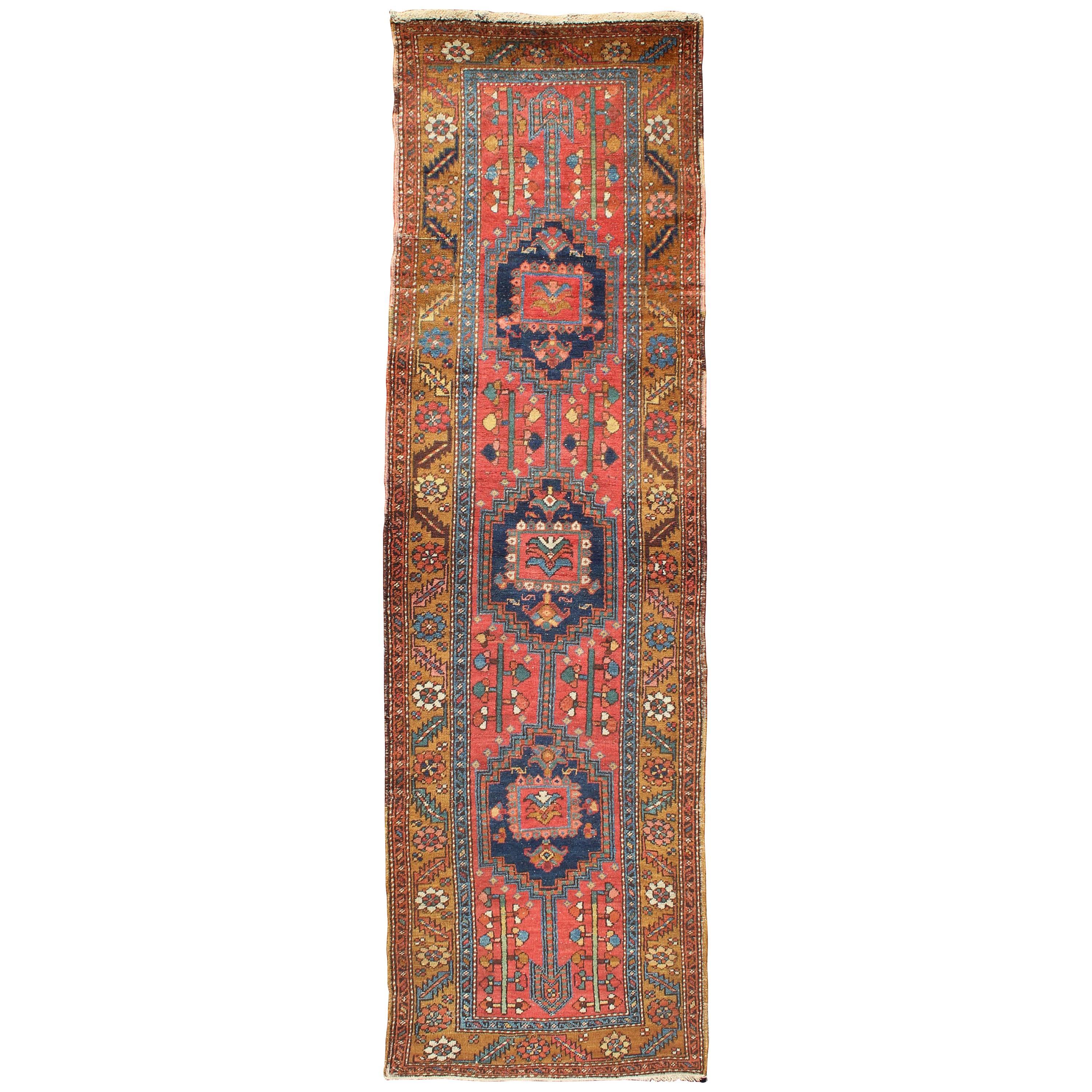 Acid Yellow and Burnt Orange Antique Persian Serapi Runner with Medallions For Sale