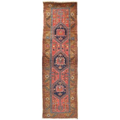 Acid Yellow and Burnt Orange Antique Persian Serapi Runner with Medallions