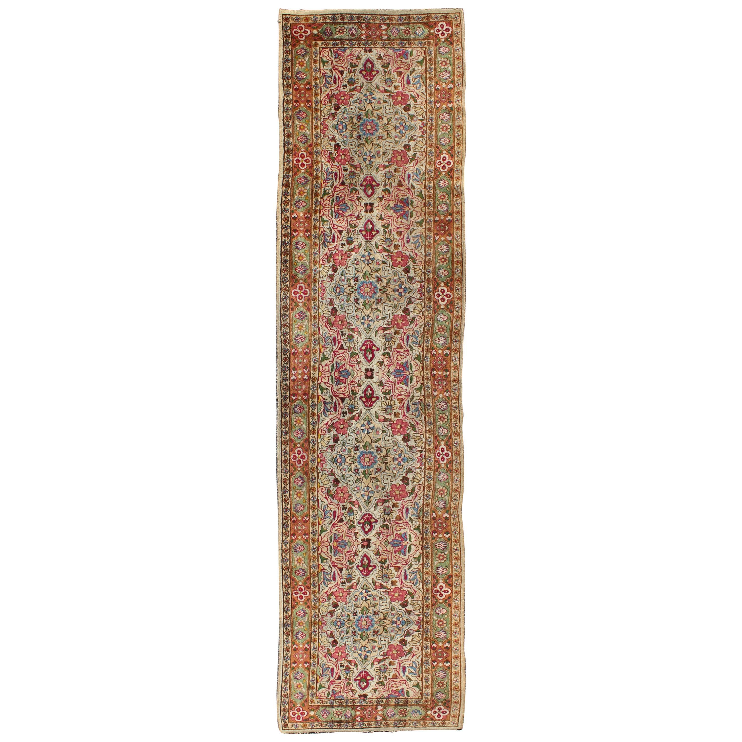 Indian Amritsar Antique Runner in Ivory, Red, Pink, Blue, Green
