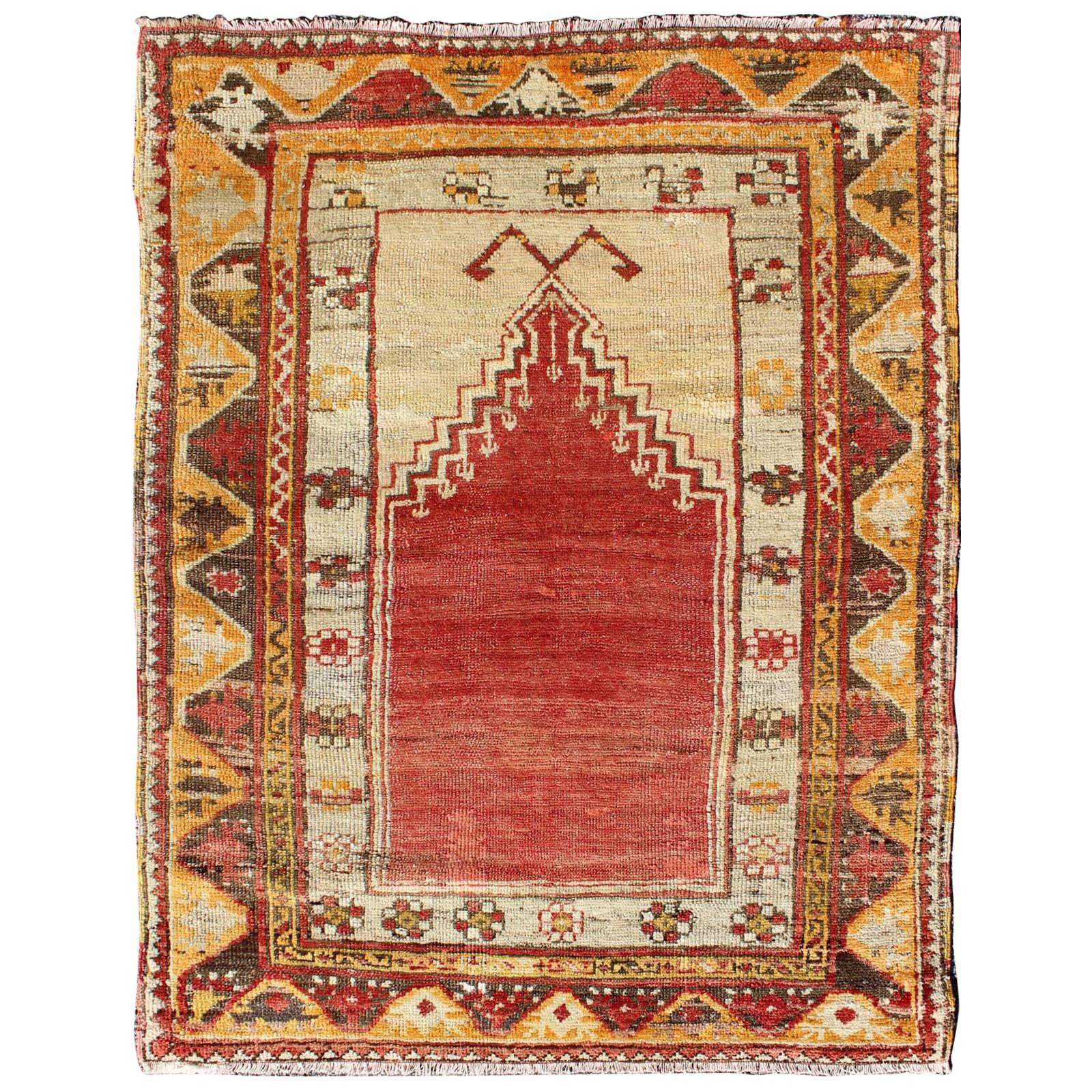 1920s Antique Turkish Oushak Prayer Rug in Red, Ivory, Orange, Cream and Brown