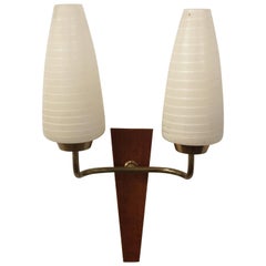 French 1950s Double Headed Wall Sconce in Teak and Brass