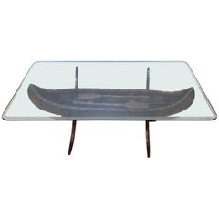 Folk Art Style Canoe Wood and Iron Sculpture as a Coffee Table