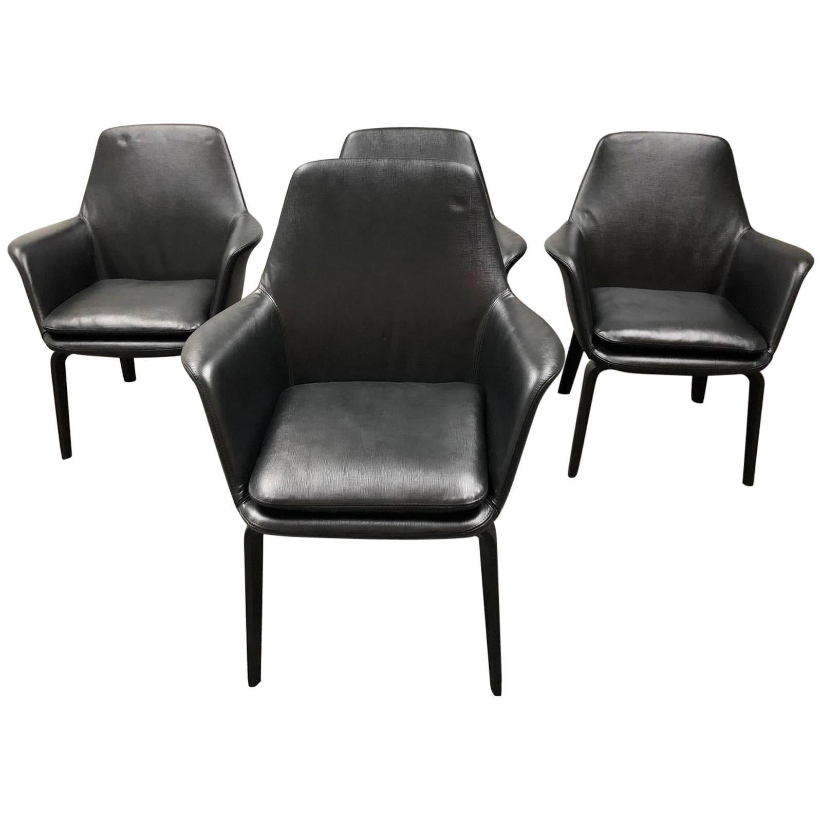 Minotti Set of Four York Lounge Leather Armchairs