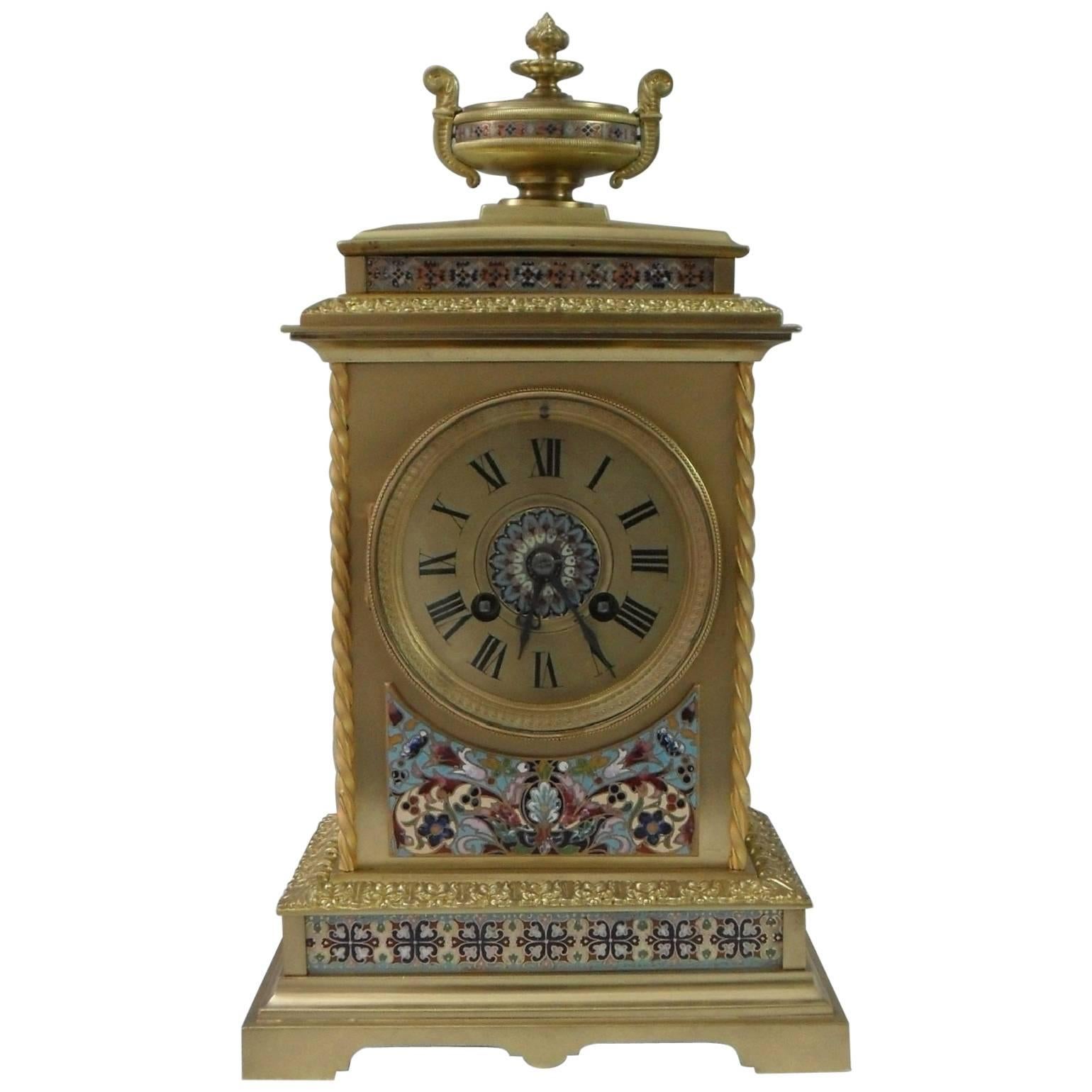 French Belle Epoque Brass and Champleve Mantel Clock