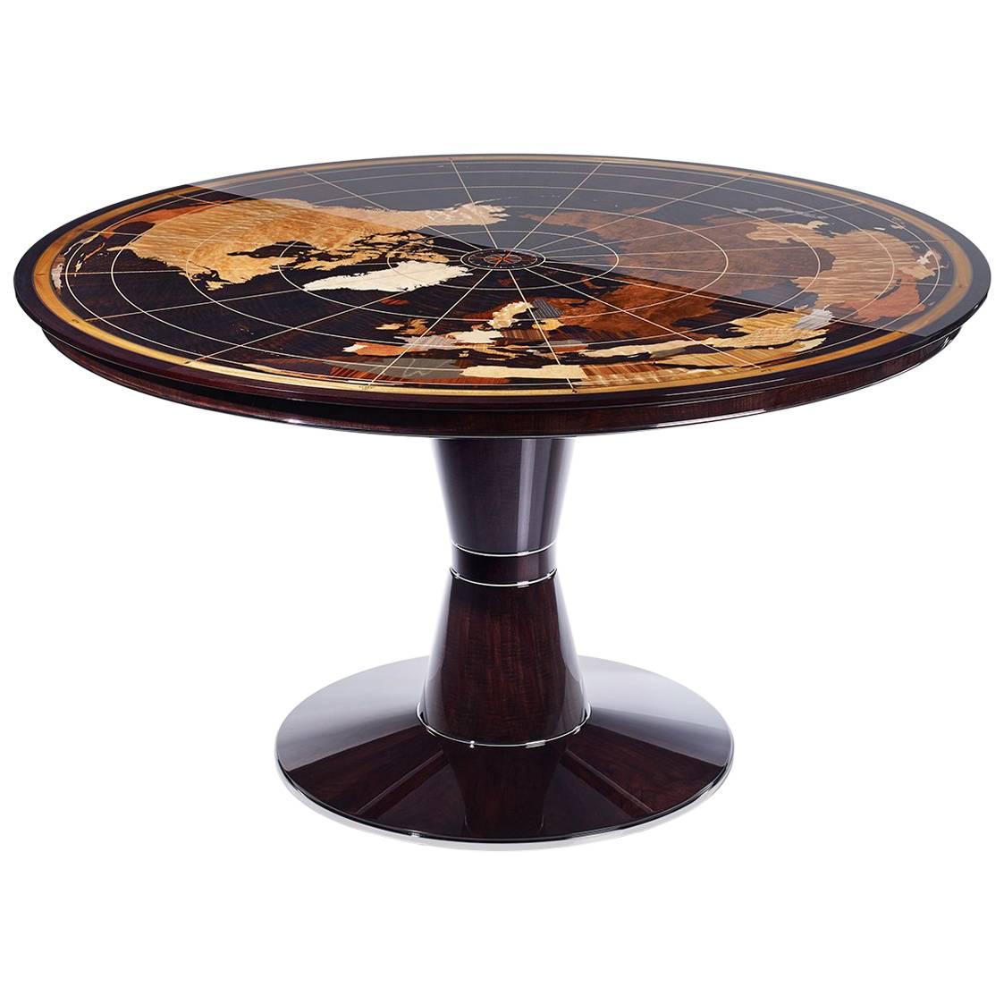 Contemporary World Map Center Table in Walnut with High Gloss Finish