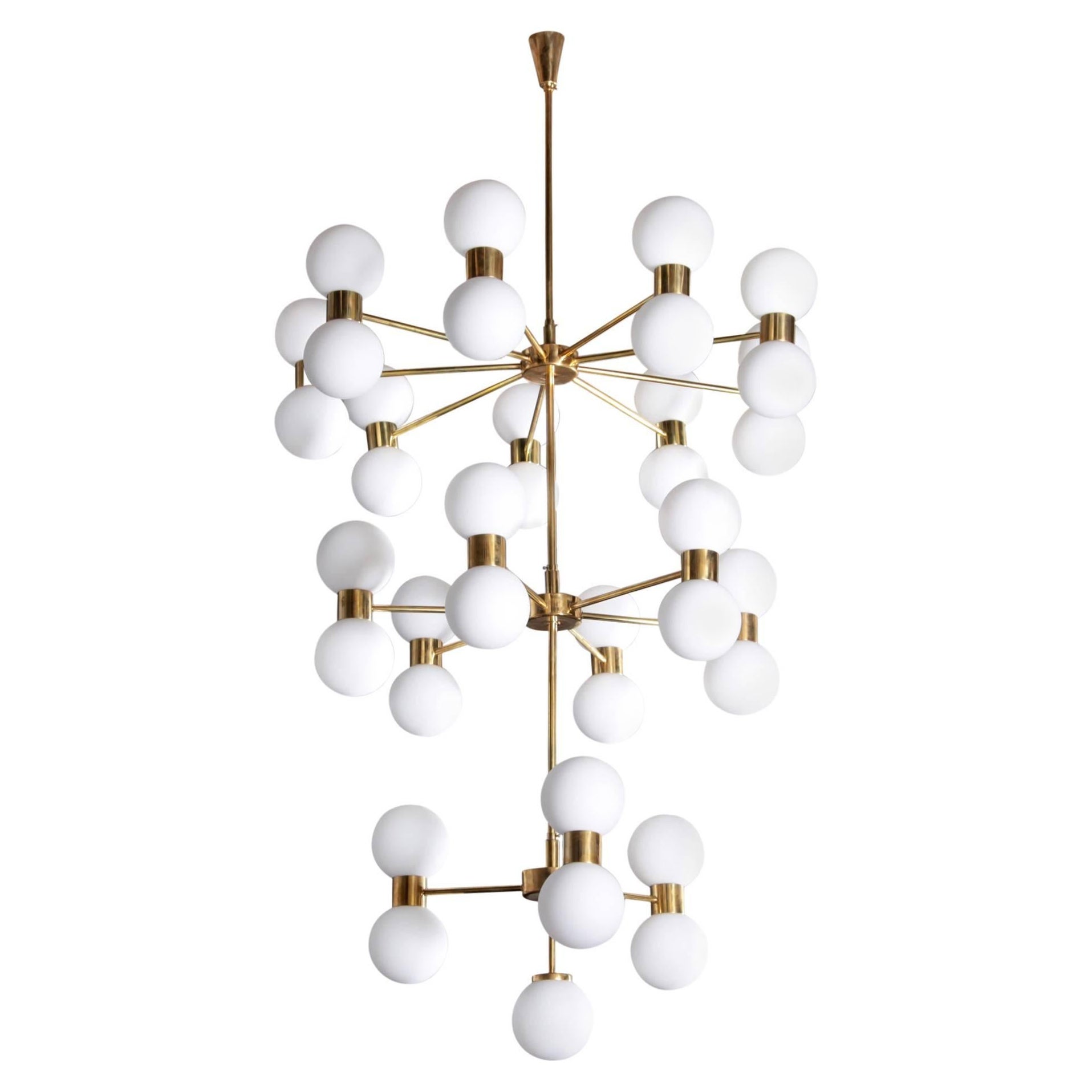 Exceptional Huge Brass and Frosted Glass Chandelier For Sale
