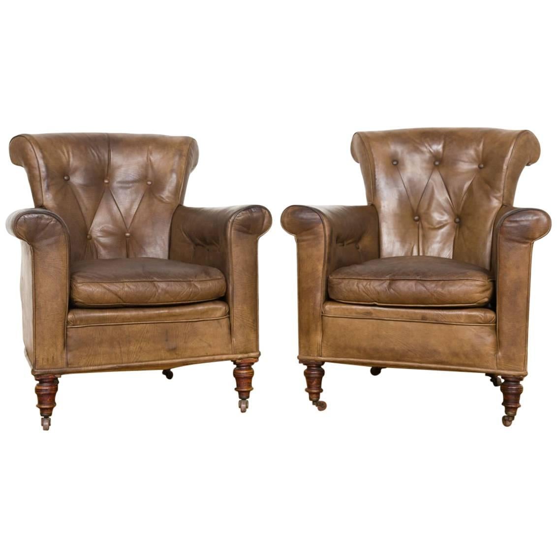 Vintage Brown Leather Club Chairs, Set of Two
