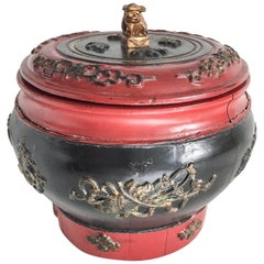 Antique Chinese Elm Lidded Container with Foo Dog