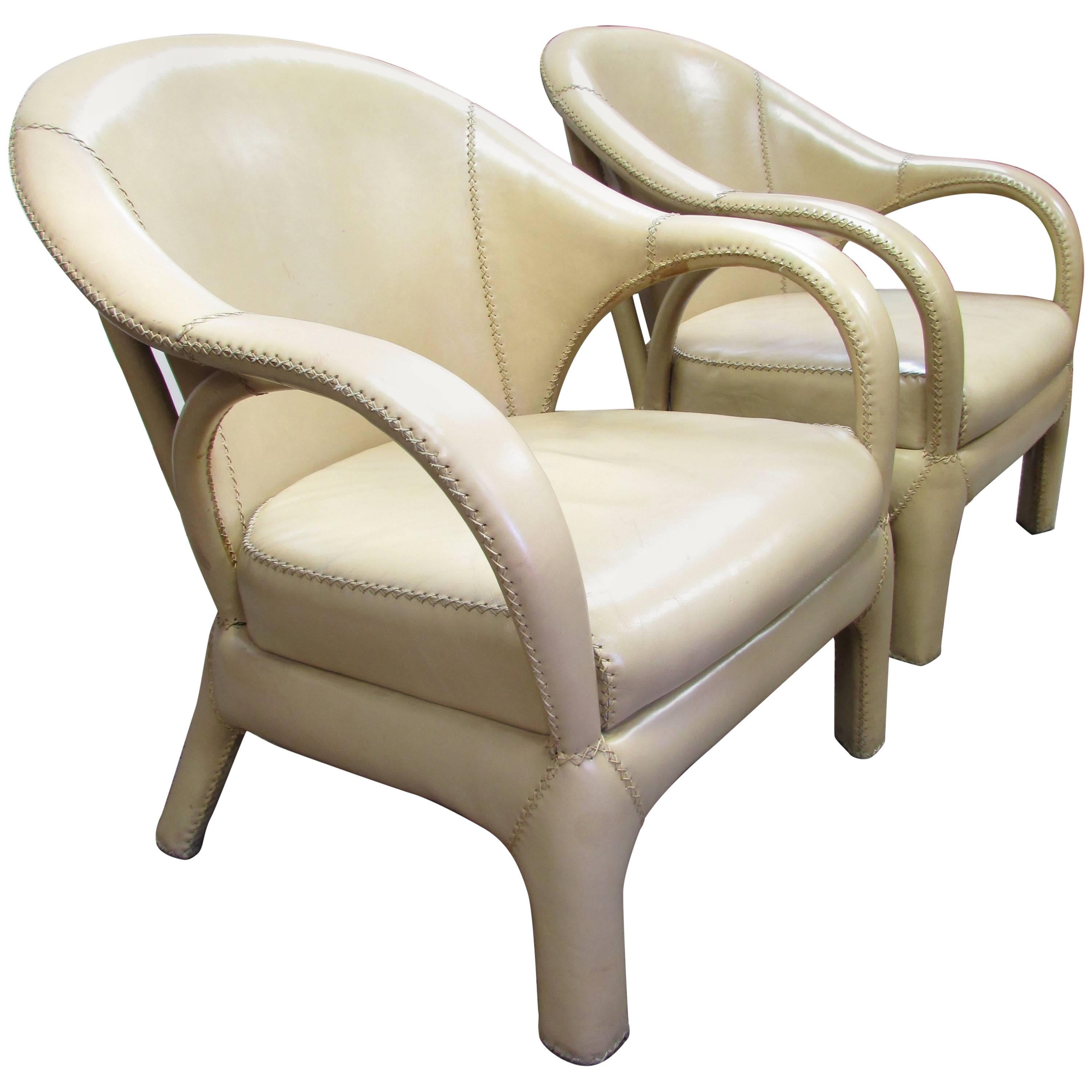 French 1970s Hand Stitched Leather Tub Chairs For Sale