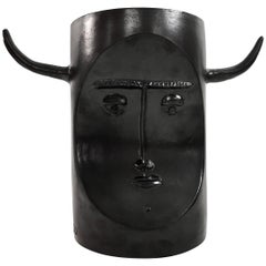 Vintage Robert and Jean Cloutier, Ceramic Bull Sculpture Glazed in Black