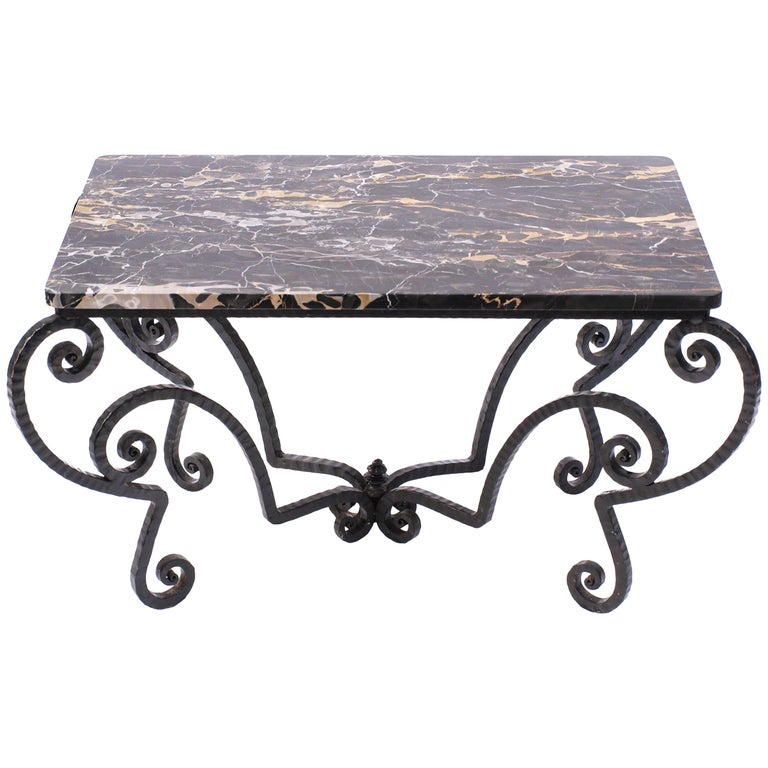 1940s Wrought Iron and Black Portoro Marble Coffee Table For Sale at