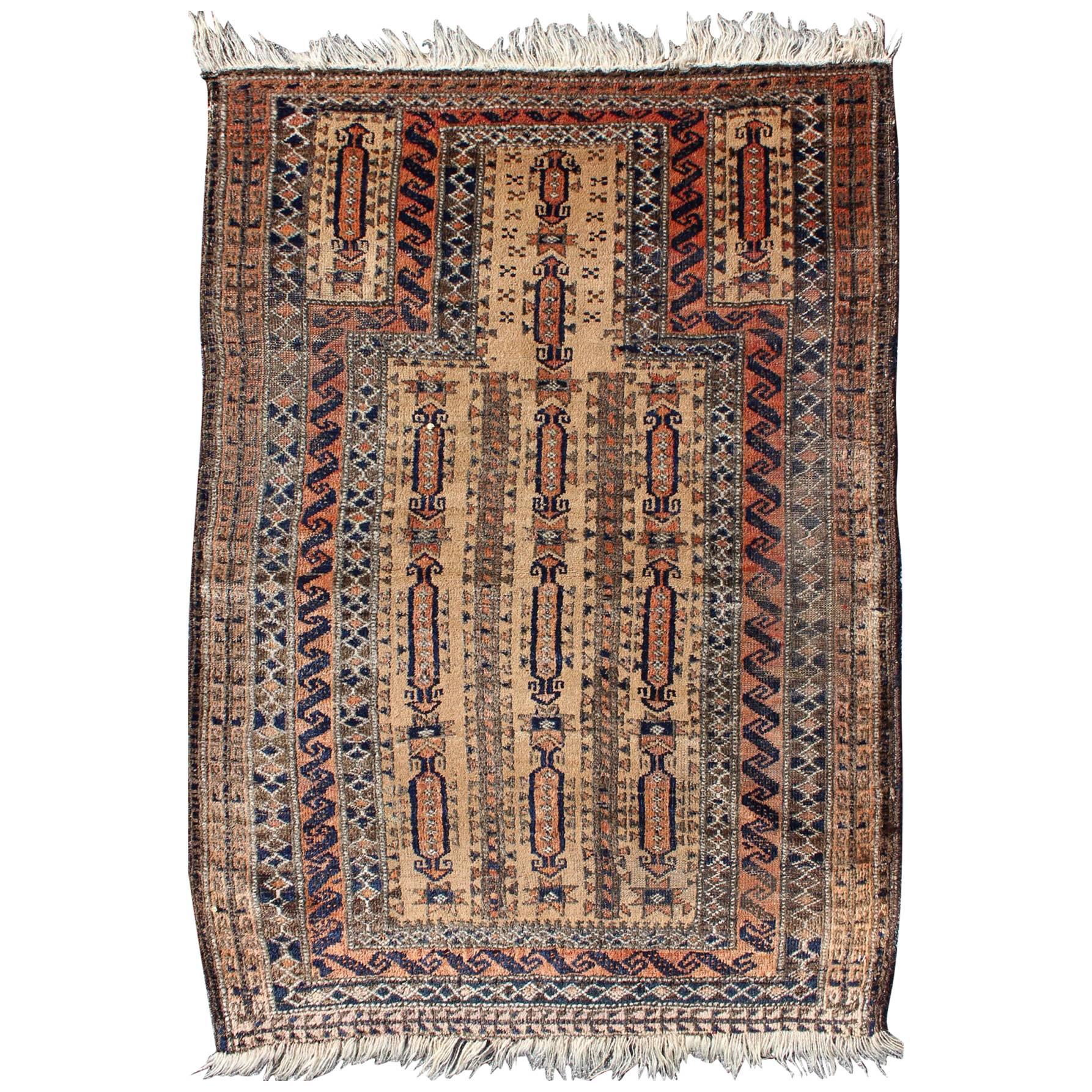 Antique Afghan Baluch Prayer Rug in Shades of Brown, Tan, Cream and Burnt Orange