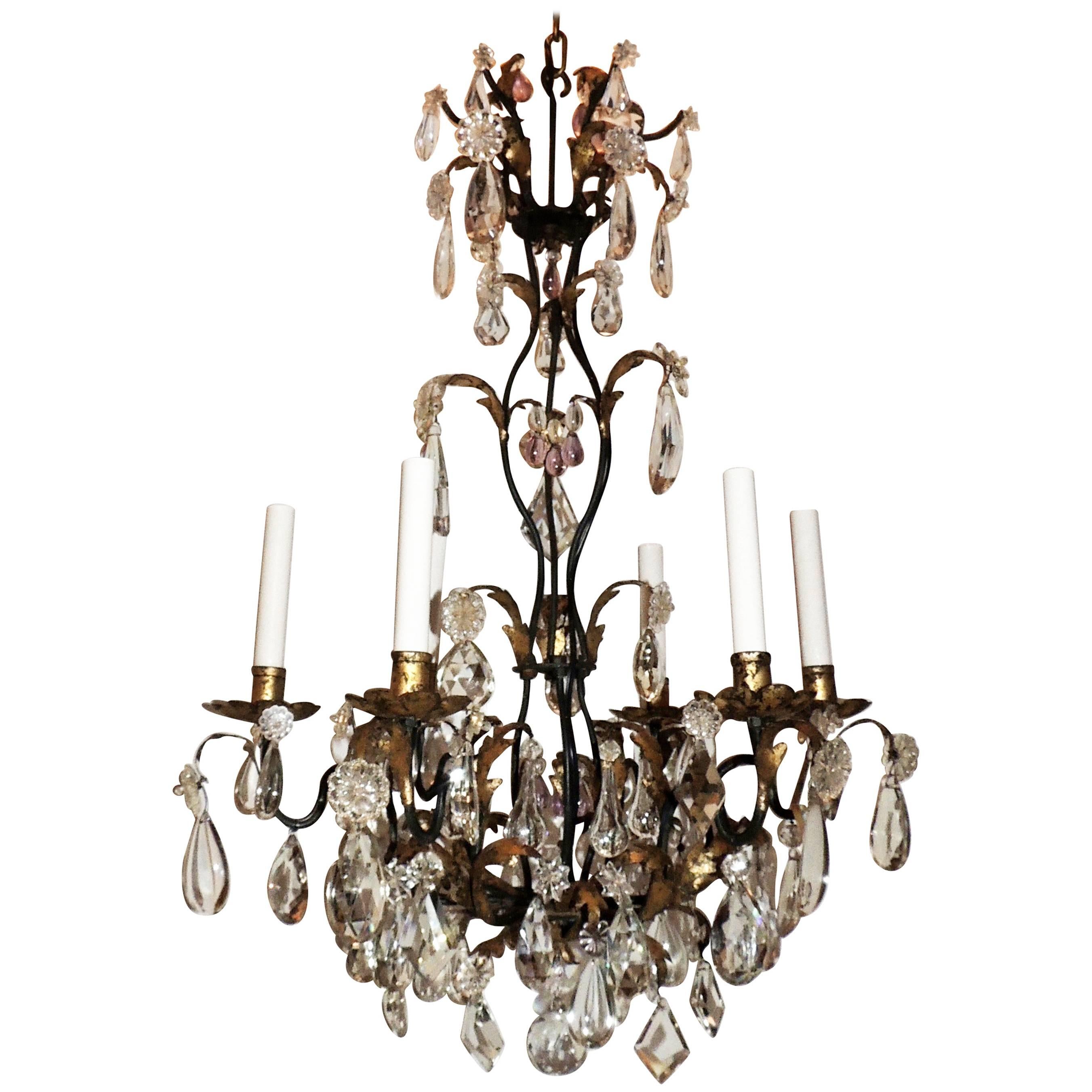 French Iron Gilt Cut Crystal Chandelier Louis XVI Baguès Six-Arm Fixture For Sale