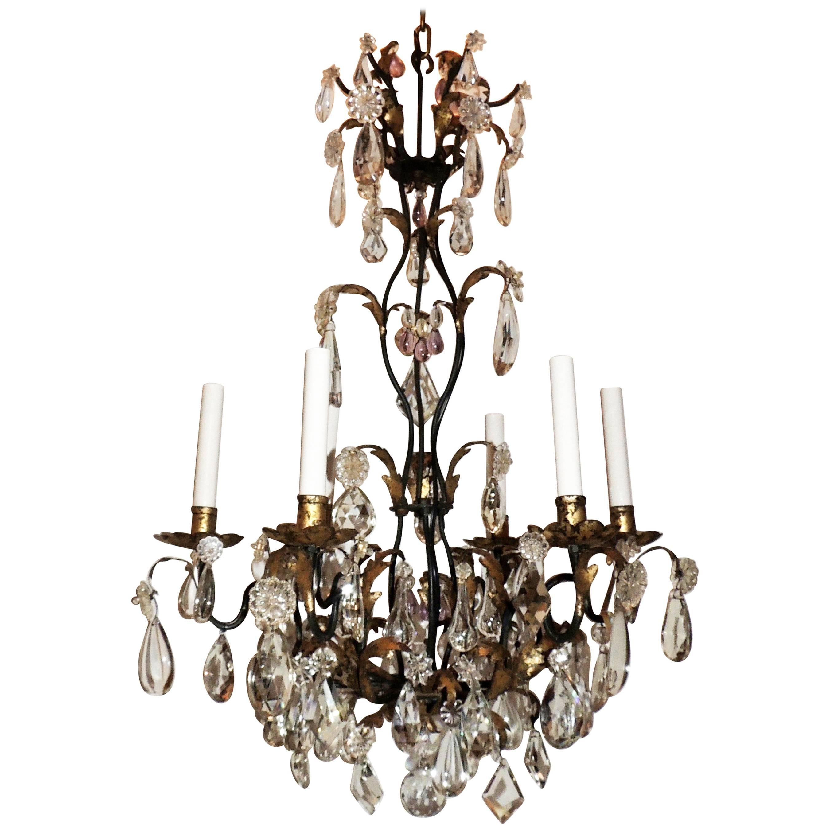 French Iron Gilt Cut Crystal Chandelier Louis XVI Baguès Six-Arm Fixture