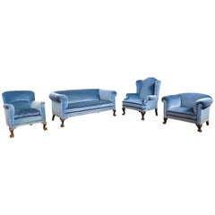 Antique Early 20th Century Four Piece Sofa Set, Blue Velvet on Ball And Claw Feet