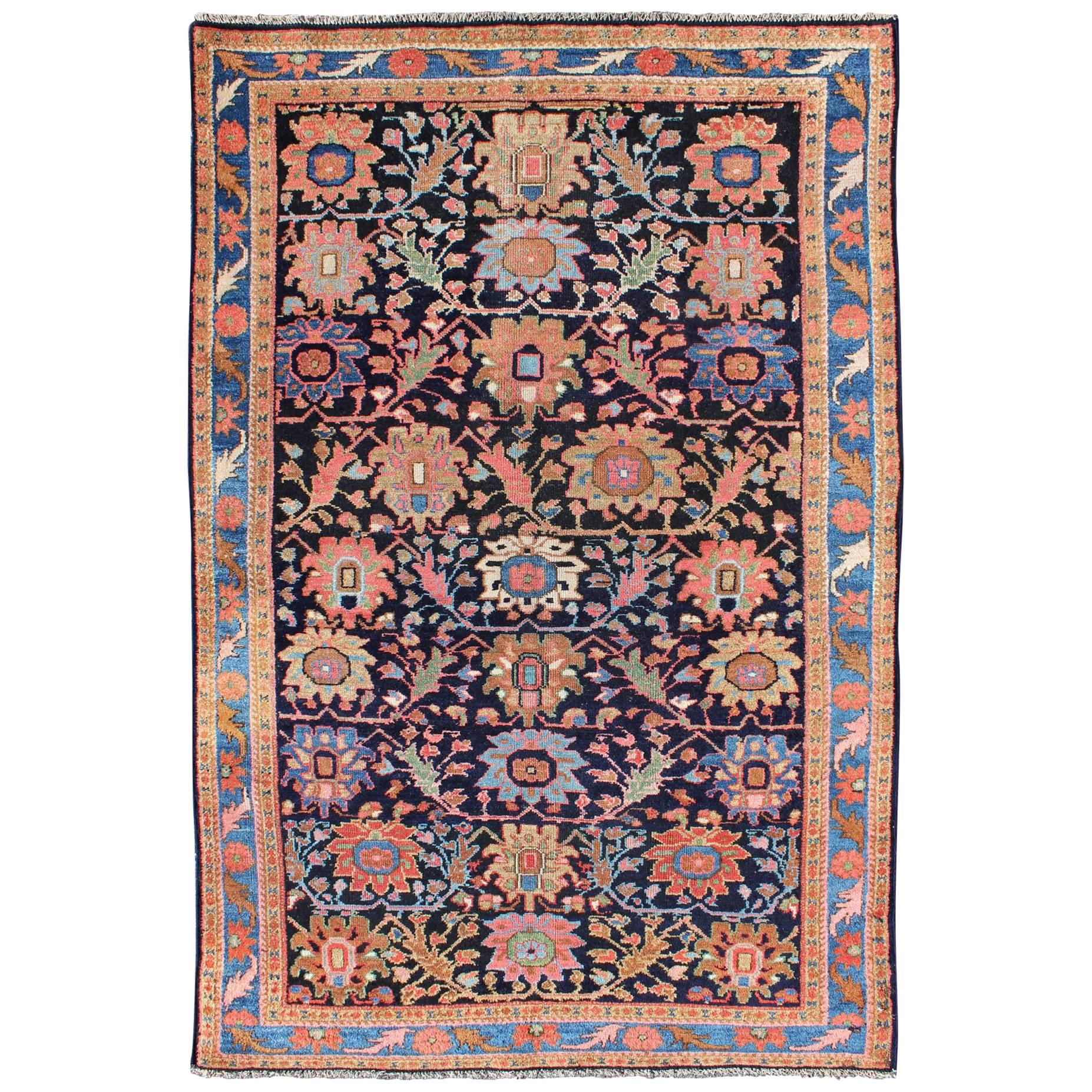 Antique Persian Malayer Rug with Large Floral Motifs in Navy and Multi Colors