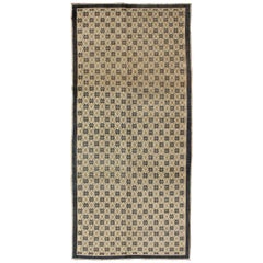 Onyx and Cream Vintage Turkish Oushak Rug with Latticework and Poinsettia Shapes