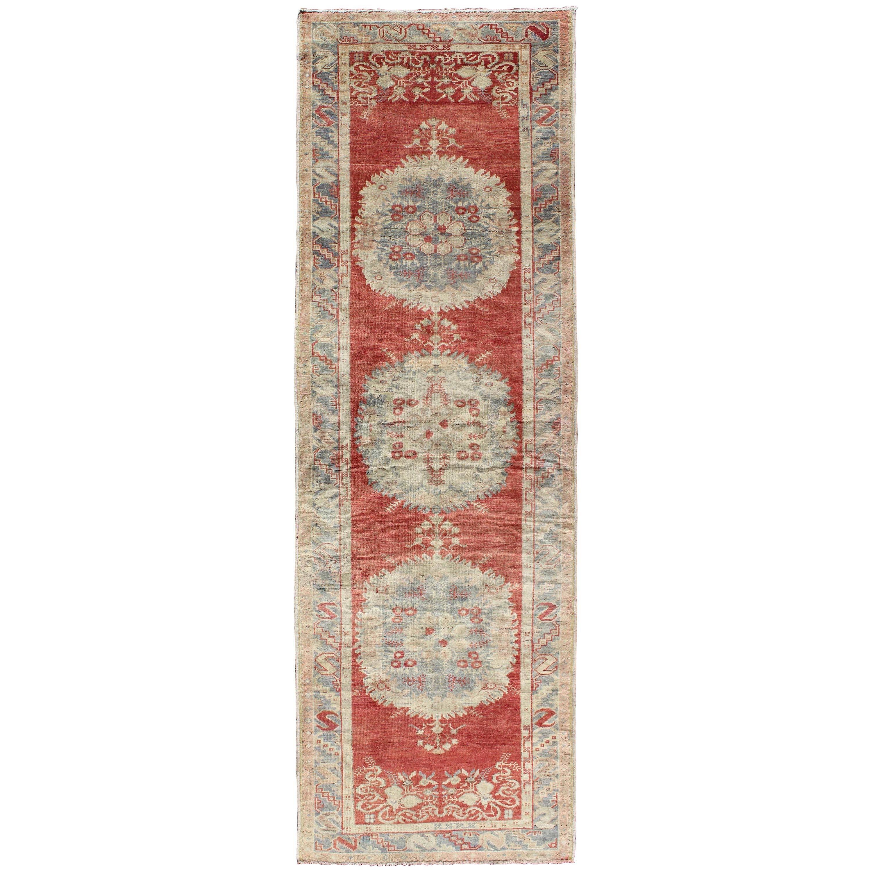 Vintage Turkish Oushak Runner with Three Floral Medallions in Red, Ivory, Grey