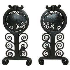 Pair of Wrought Iron Andirons by Edgar Brandt, circa 1925