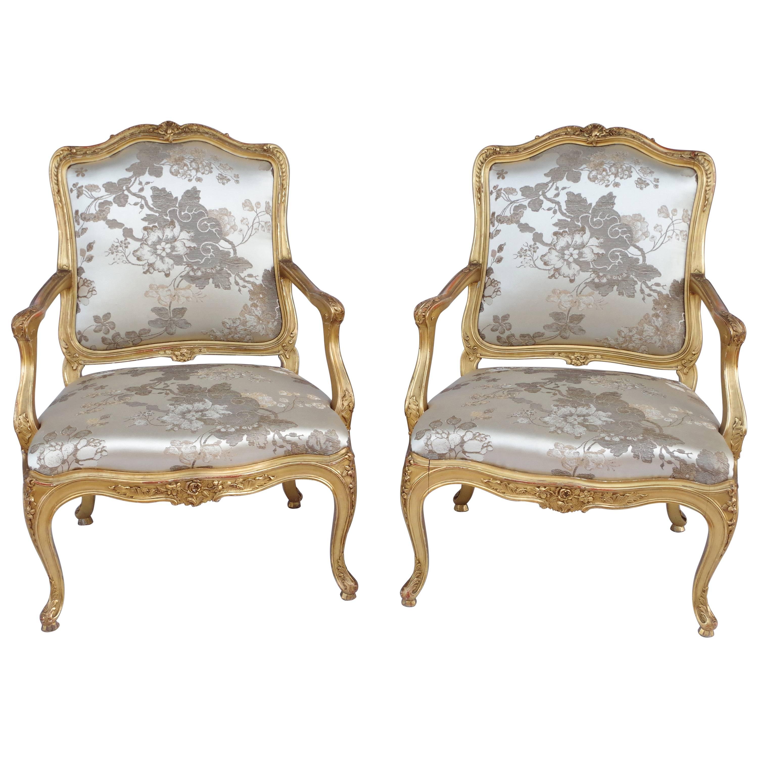 Pair of Louis XV Style "À Chassis" Giltwood Armchairs, circa 1970