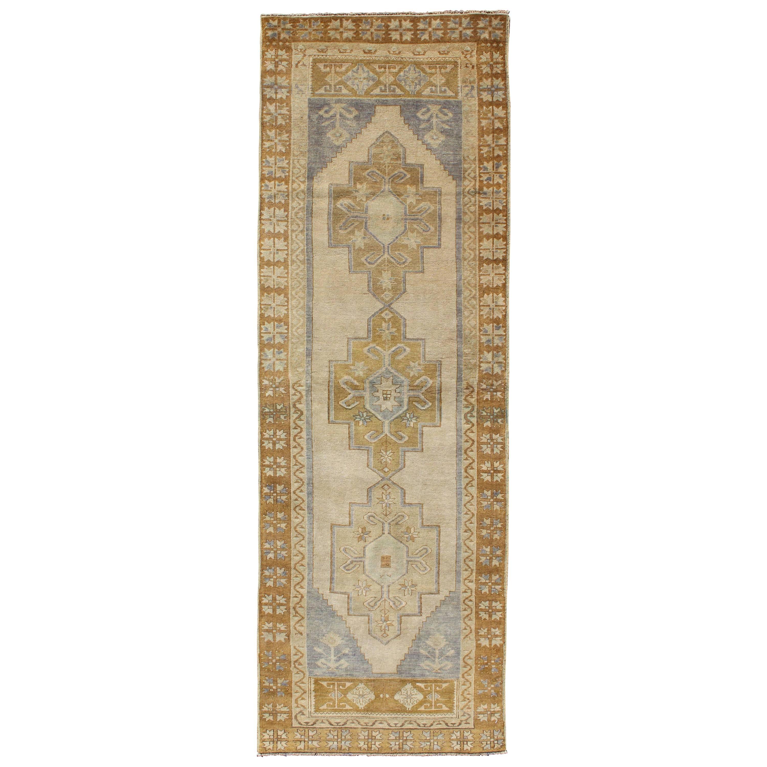Chartreuse, Taupe and Ivory Vintage Turkish Oushak Runner with Three Medallions