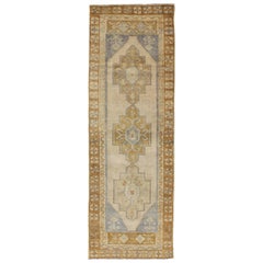 Chartreuse, Taupe and Ivory Vintage Turkish Oushak Runner with Three Medallions