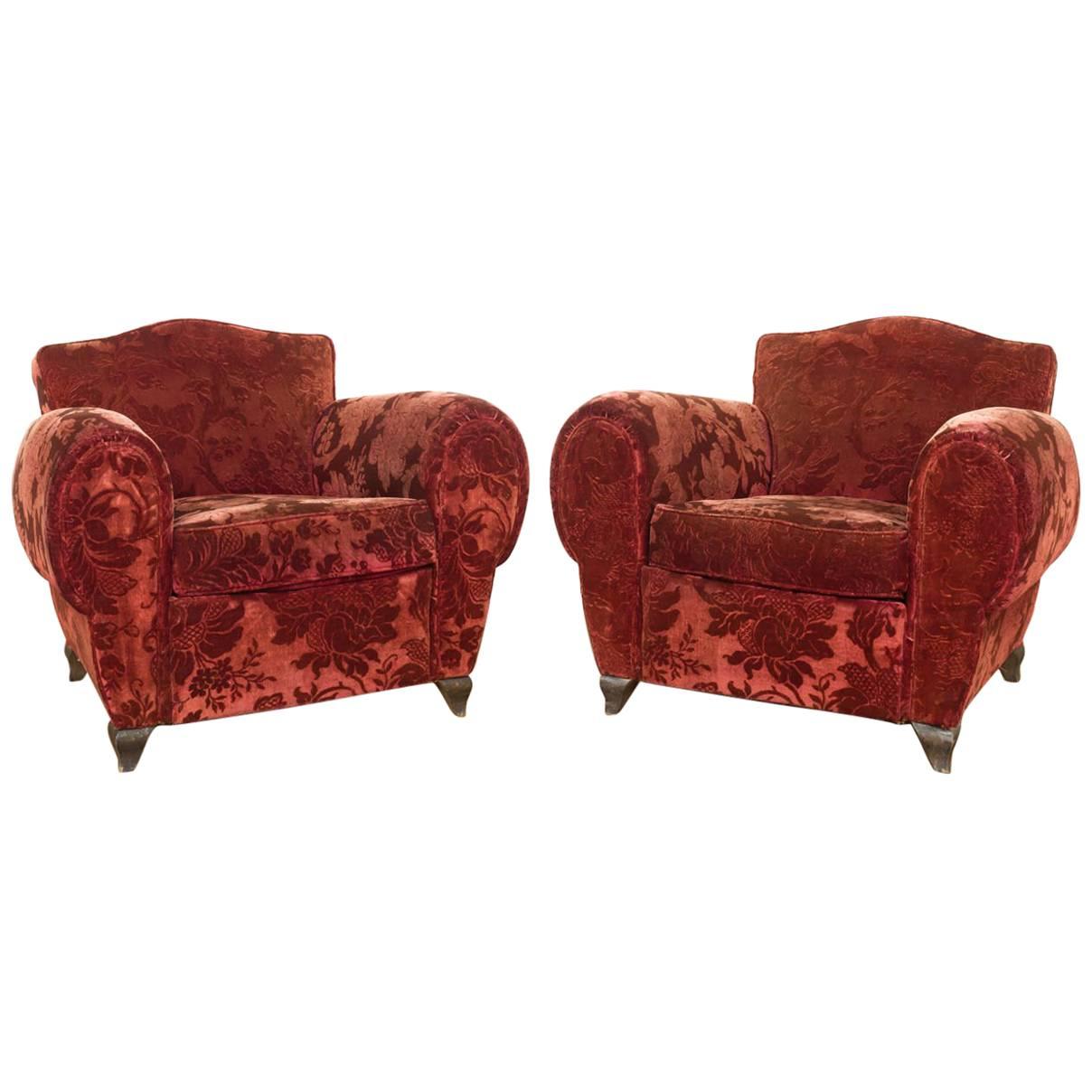 Pair of French Red Mohair Velvet Club Chairs with Floral Pattern For Sale