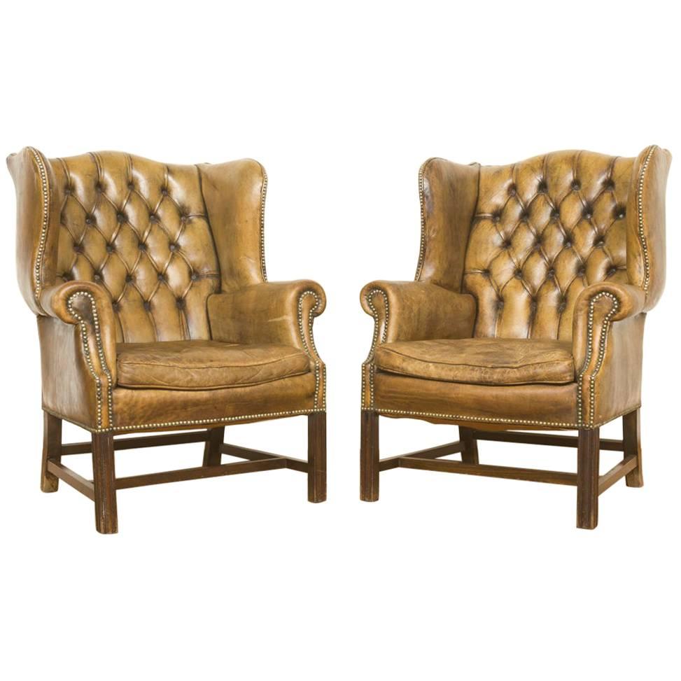 Pair of Two Cognac Leather Wingback Chesterfield Club Chairs, circa 1950 For Sale