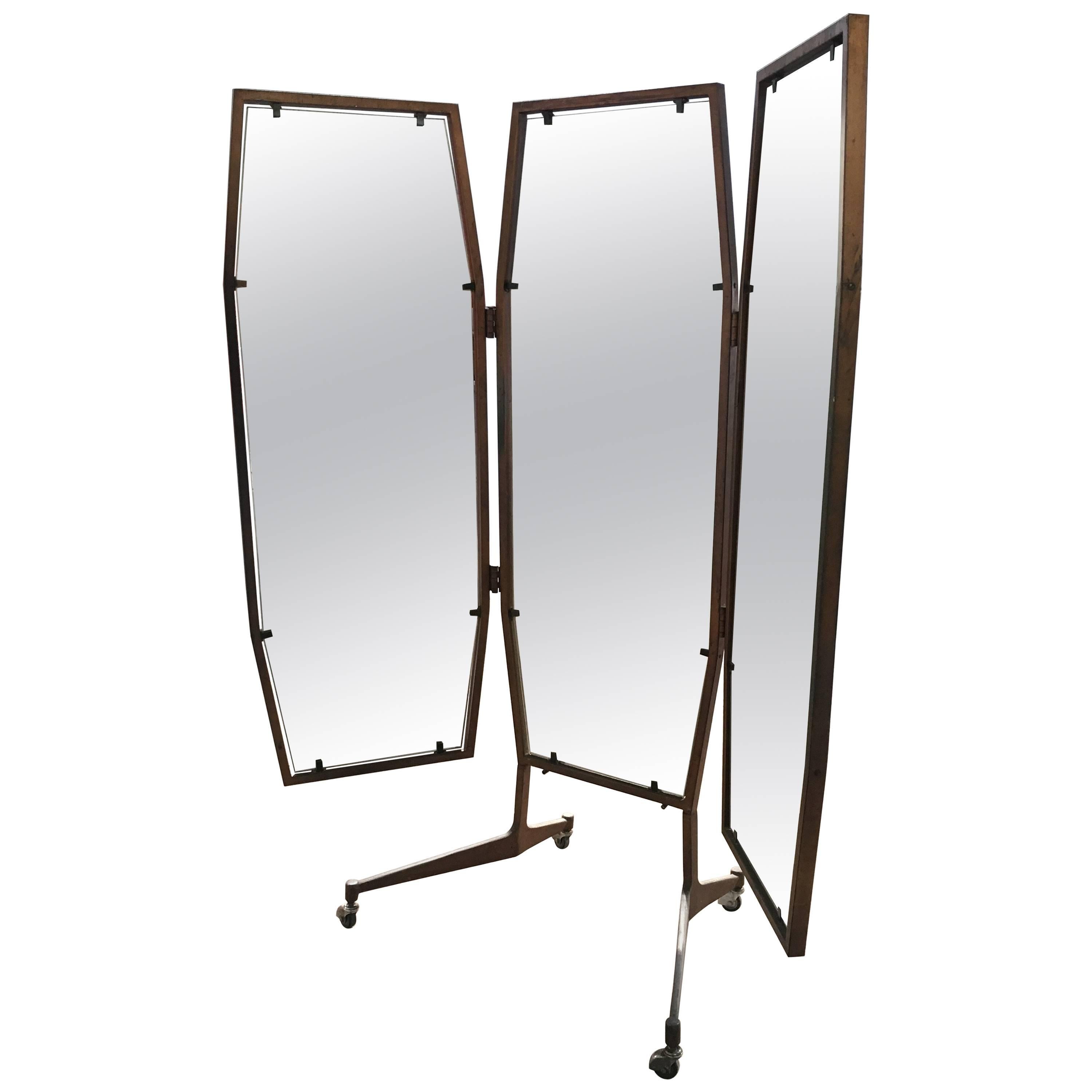 Italian Triptych Standing Mirror on Wheels from 1960s